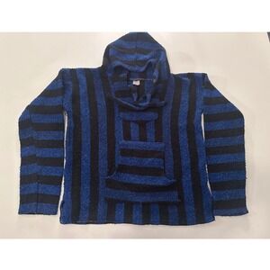 Blue Black Striped Baja Hoodie Mexican Poncho Sweater Pullover 1083